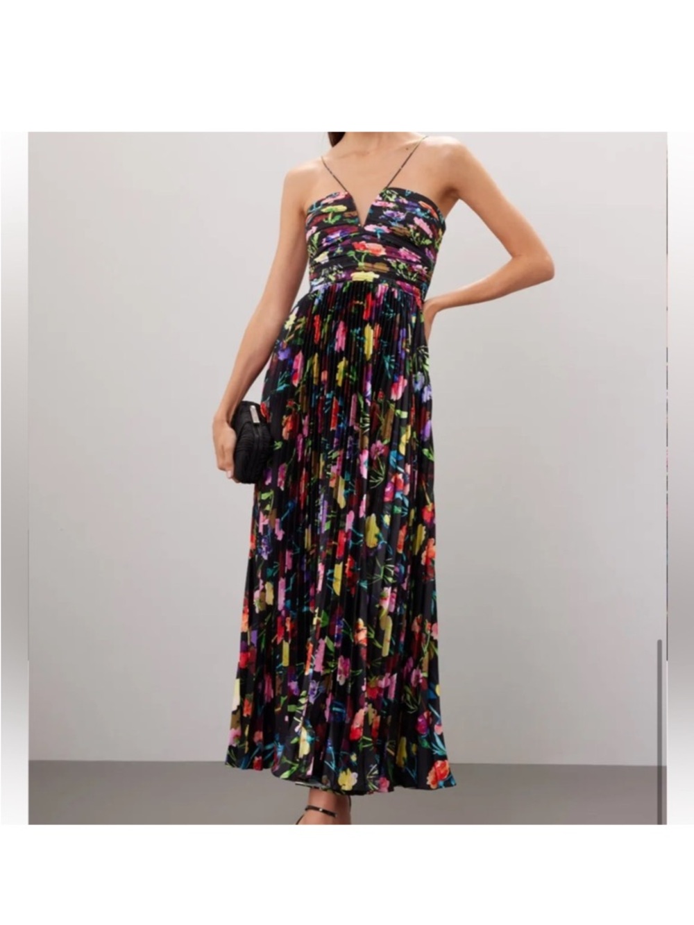 Floral Black Pleated Maxi Dress with Spaghetti Straps
